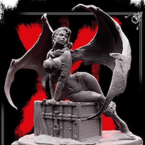 Succubus Female Demon Guarding Treasure Chest NPC also NSFW (topless) | 28mm,32mm,54mm,75mm,100mm Scales | Dungeons & Dragons 5e |Pathfinder