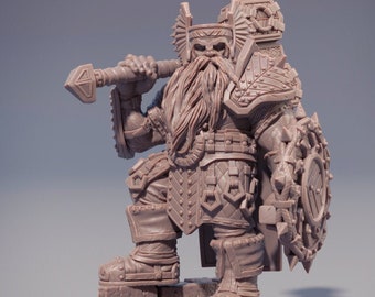 Dwarf Fighter | Dwarf  | Hammer & Shield | Dungeons and Dragons | 28mm, 32mm, 54mm,75mm,100mm Tall Pathfinder | Figure for Painting