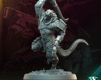 May include: A gray, detailed miniature figure of a reptilian humanoid warrior, wielding a large curved blade. The figure is in a dynamic pose, with text that reads "SCALECLAD HUNTPACK" and "SCALECLAD PILLAGER 5". The figure is on a round base.