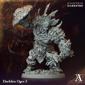 May include: A gray, detailed miniature of a Darkfire Ogre 3, a large, armored, and horned creature with a weapon in its hand. The miniature is posed in a dynamic stance, ready for battle.