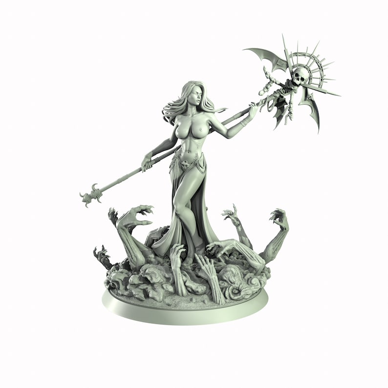 May include: A gray, detailed miniature figurine of a woman standing on a base of skeletal hands. She is holding a staff with a skull and wings at the top.
