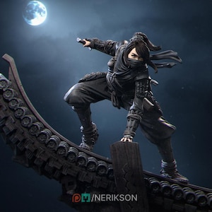 May include: A detailed figurine of a ninja in a dynamic pose, clad in black attire, poised on a rooftop under a moonlit sky. The ninja holds a blade, ready for action. The figure has intricate details and textures.