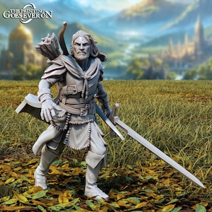 Human Ranger Fighter with Sword | Miniature | 28mm, 32mm, 54mm, 75mm, 100mm Scales | Pathfinder Figure | DnD | Figurine unpainted |