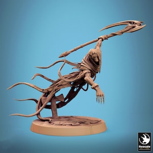 May include: A detailed, hand-painted miniature of a skeletal figure with a hooded cloak and a scythe, standing on a rocky base. The figure is painted in shades of brown and beige, with a ghostly, ethereal effect.