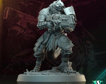 May include: A gray, detailed miniature figure of a scaly, reptilian creature holding a weapon. The figure is standing on a round base and is part of a "Scaleclad Huntpack" set. The text "Scaleclad Pillager 9" is printed on the base.