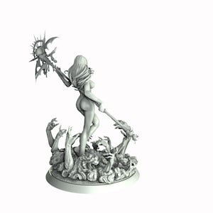 May include: A gray, detailed miniature figurine of a woman holding a weapon with a spiked orb at the end. The woman is standing on a base with a swirling, textured design and multiple hands reaching up from the base.