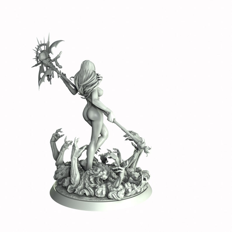 May include: A gray, detailed miniature figurine of a woman holding a weapon with a spiked orb at the end. The woman is standing on a base with a swirling, textured design and multiple hands reaching up from the base.