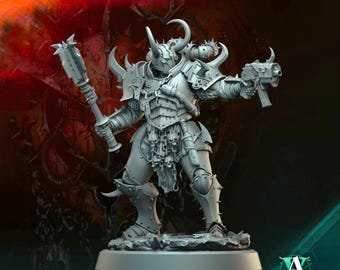May include: A grey plastic miniature of a heavily armored warrior with a horned helmet, holding a large axe in one hand and a pistol in the other. The miniature is standing on a round base.