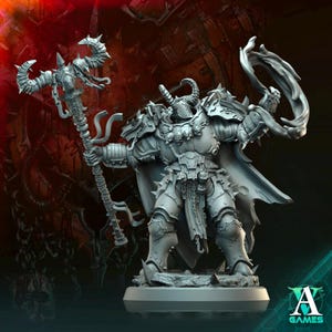 May include: A gray, detailed miniature of a warrior figure wearing armor and holding a staff and a weapon. The figure is standing on a base with a rocky texture.