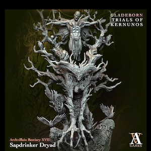 May include: A detailed sculpture of a humanoid figure with outstretched arms atop a tree-like structure, featuring intricate branches and avian figures. The sculpture is labelled "Gladeborn Trials of Kernunos" and "Archvillain Bestiary XVII Sapdrinker Dryad."