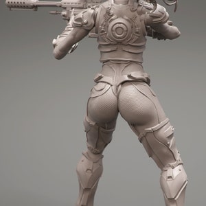 May include: A gray 3D printed model of a female figure in a futuristic suit holding a rifle. The figure is posed in a shooting stance with the rifle pointed forward. The model is detailed with intricate textures and features.