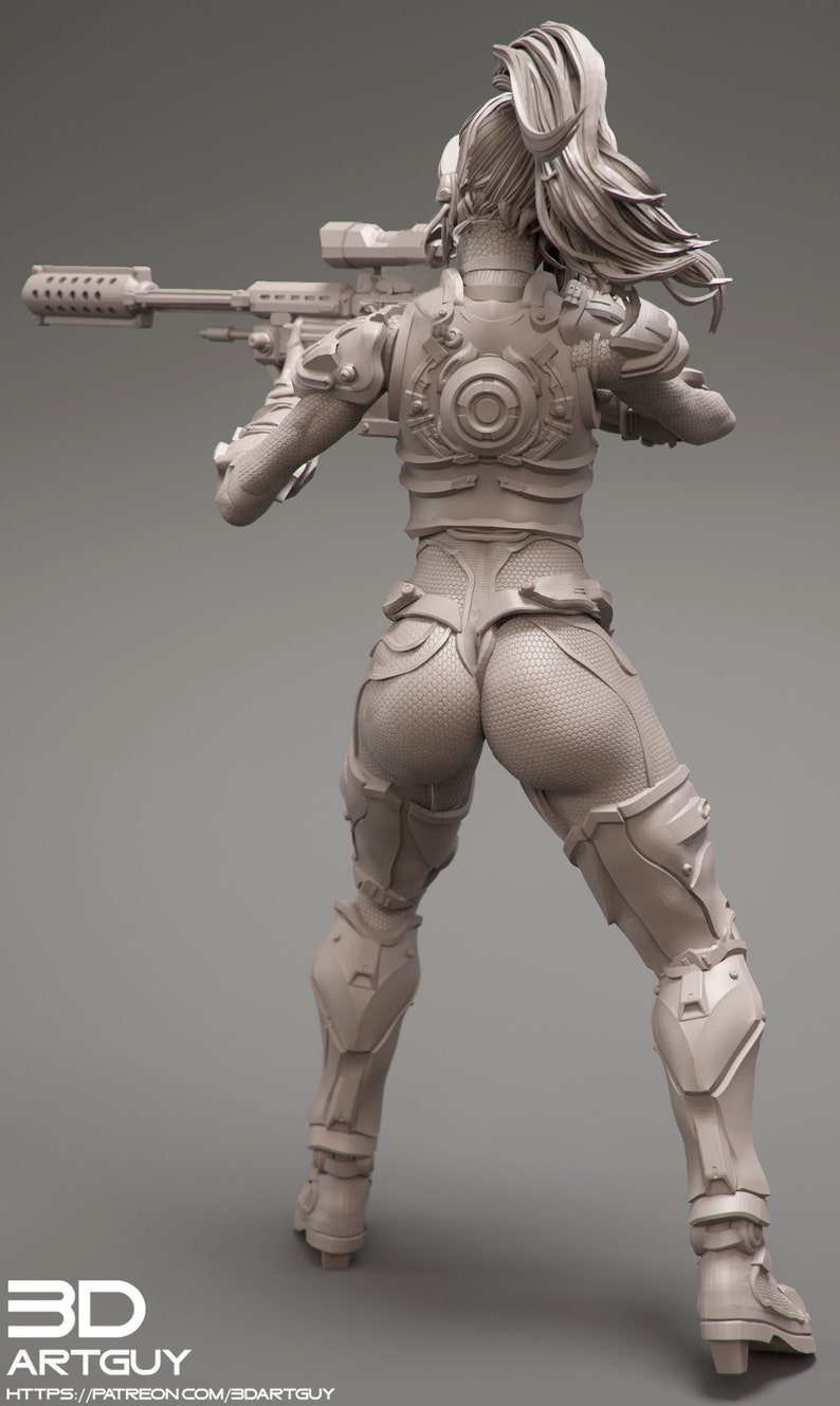May include: A gray 3D printed model of a female figure in a futuristic suit holding a rifle. The figure is posed in a shooting stance with the rifle pointed forward. The model is detailed with intricate textures and features.