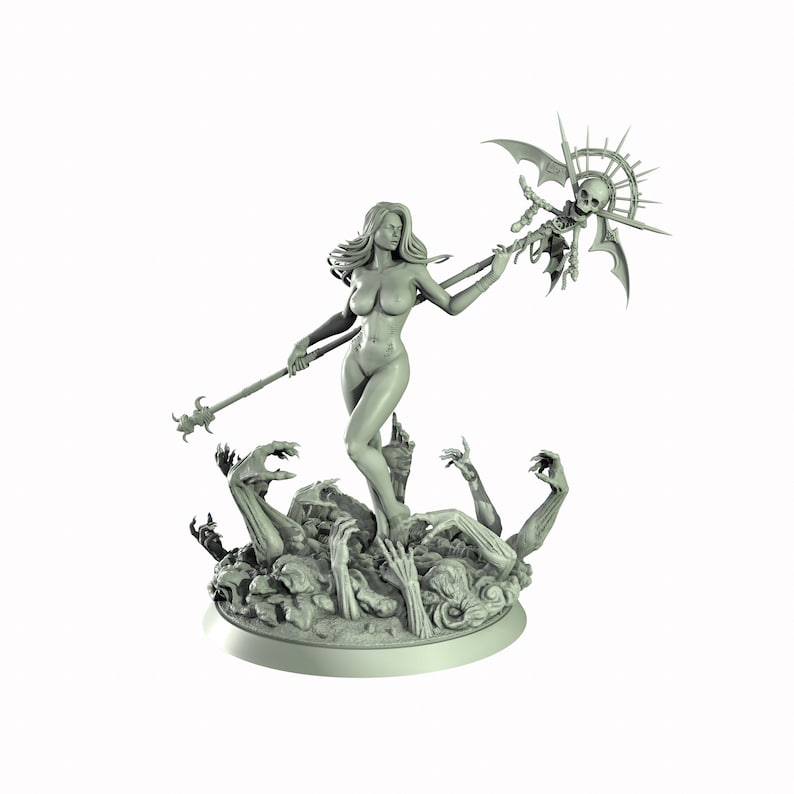 May include: A gray, detailed miniature figurine of a woman standing on a base of skeletal hands. She is holding a staff with a skull and wings at the top.