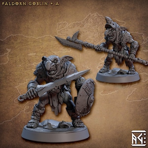 Miecz i tarcza wojownika goblinów, broń drzewcowa goblinów | Skala 28 mm, 32 mm, wysokość 54, wysokość 75 Miniatura z żywicy | Dungeons and Dragons | Gildia rzemieślników