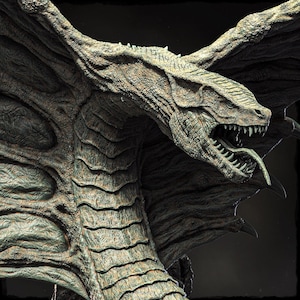 May include: A detailed, close-up view of a dragon's head and upper body. The dragon has a textured, scaly hide in shades of green and brown. Its mouth is open, revealing sharp teeth and a long tongue. The wings are partially visible, adding to the creature's imposing presence.