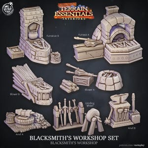 May include: A collection of miniature blacksmith workshop models, including furnaces, anvils, a grinding wheel, and a sword rack. The models are beige and made of a stone-like material. The text "BLACKSMITH'S WORKSHOP SET" is displayed at the bottom.