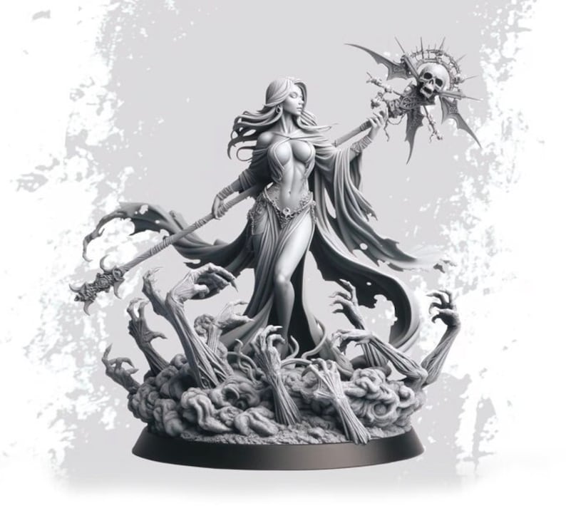 May include: A gray painted miniature figurine of a woman in a flowing robe, holding a staff with a skull at the top. The woman is standing on a base with a cloud-like design and several skeletal hands reaching up from the base.