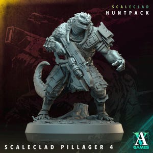May include: A gray, detailed miniature of a reptilian humanoid figure holding a weapon. The figure is standing on a circular base. The text "SCALECLAD PILLAGER 4" is printed below the base.