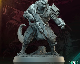 May include: A gray, detailed miniature of a reptilian humanoid figure holding a weapon. The figure is standing on a circular base. The text "SCALECLAD PILLAGER 4" is printed below the base.