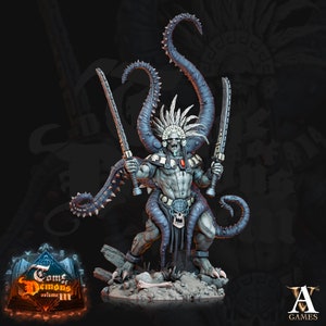 May include: A detailed figurine of a demonic warrior with a skeletal face, adorned with a feathered headdress and tentacles. The figure holds two swords and is gray with blue accents. The base has the text "Tome of Demons volume III".