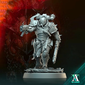 May include: A gray plastic miniature figure of a heavily armored warrior with a large weapon and a gas mask. The figure is standing on a round base.
