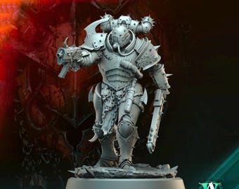 May include: A gray plastic miniature figure of a heavily armored warrior with a large weapon and a gas mask. The figure is standing on a round base.