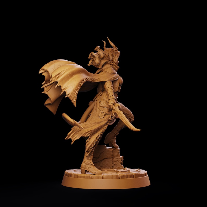 May include: A monochromatic tan miniature figurine of a horned character in a dynamic pose. The figure wears a flowing cape, layered armor, and boots, while holding a curved blade. It stands on a circular, textured base with a rocky element.
