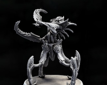 May include: A detailed, grey, 3D printed model of a creature with a segmented body, multiple limbs, and a long, curved tail. The creature is posed in a dynamic stance, with its limbs extended and its tail curled up.