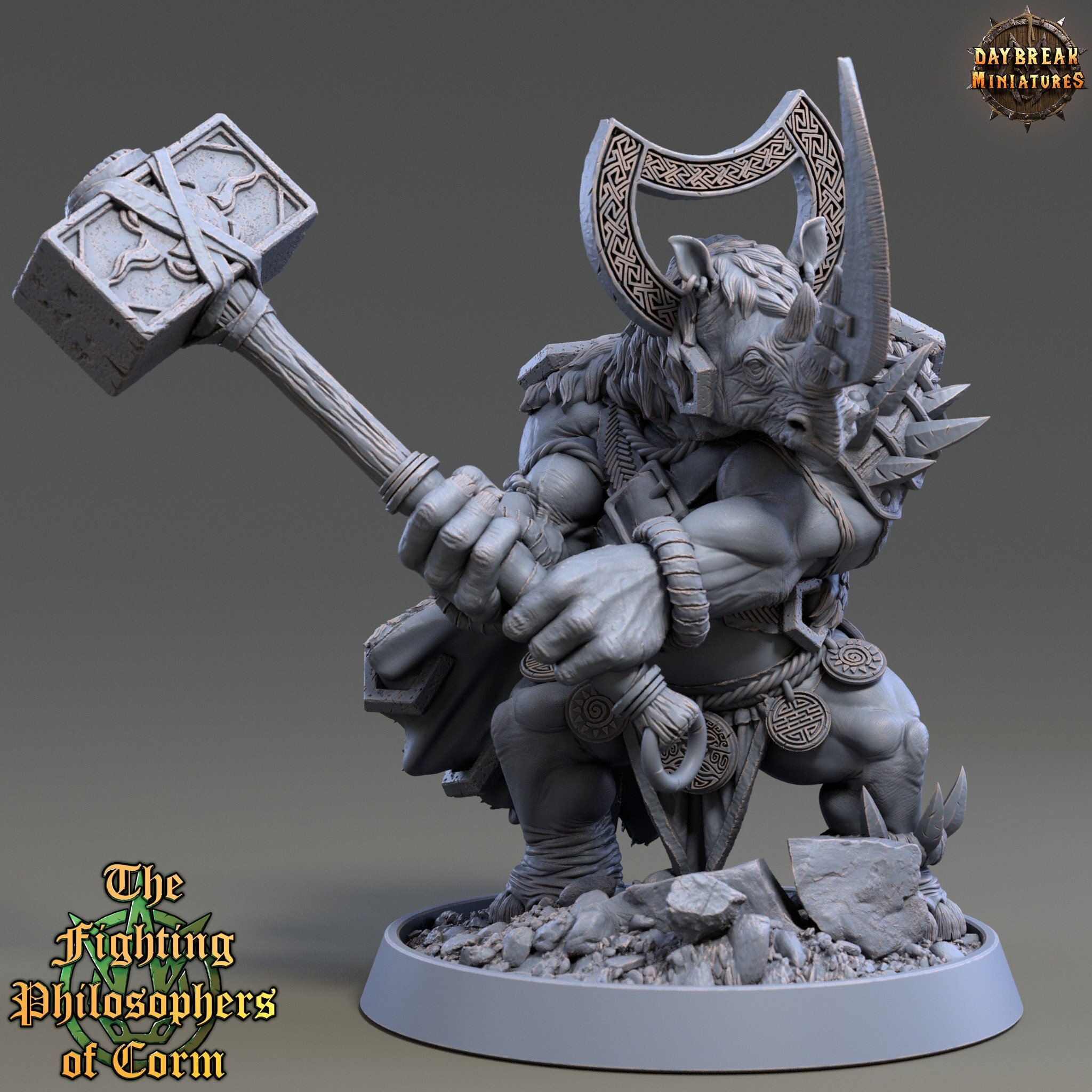 Rhinokin, Rhino-folk Warrior  Scales: 28mm, 32mm,54mm,75mm | D&D 5e Megaboss | Dungeons and Dragons | Pathfinder | Daybreak Miniatures