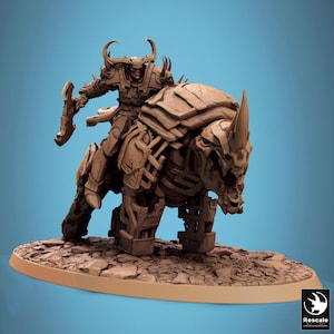 May include: A detailed brown figurine of a skeletal warrior riding a horned beast. The warrior is clad in armor and holds a weapon. The beast has a skeletal appearance with a large horn. The figurine is on a textured base.