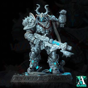 May include: A detailed, white and silver, sci-fi action figure of a warrior in a futuristic suit of armour, holding a large gun with a blue glow. The figure is standing on a base with a Greek key design.