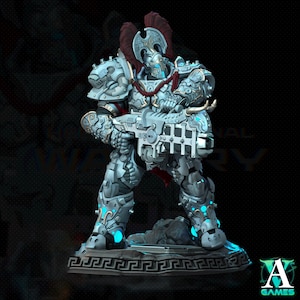 May include: A white and silver detailed action figure of a warrior wearing a helmet with a red plume, holding a large gun. The figure is standing on a black base with a Greek key design.
