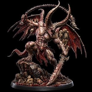 May include: A detailed miniature figurine of a muscular, horned demon with leathery wings, wielding a curved blade and a whip. The creature stands on a rocky base scattered with skulls, featuring a red loincloth and intricate, weathered skin textures.