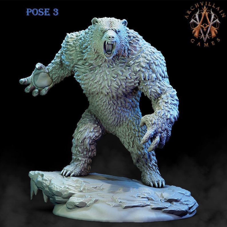 Puede incluir: Una criatura blanca y peluda con forma de oso con garras afiladas y la boca abierta, rugiendo. La criatura est&aacute; de pie sobre una base rocosa y helada. El texto "POSE 3" es visible en la esquina superior izquierda de la imagen.