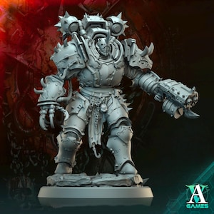 May include: A gray, detailed miniature of a heavily armored, futuristic warrior figure with a large weapon. The figure is standing on a circular base.