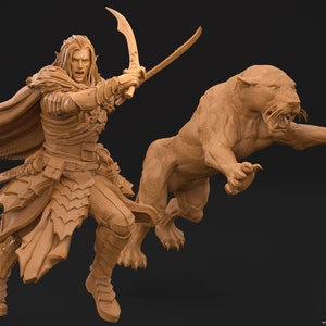 Famous Dark Elf Ranger and Magical Panther  | 28mm, 32mm Scales also 50mm and 100mm| Dungeons and Dragons| Pathfinder |3dArtGuy