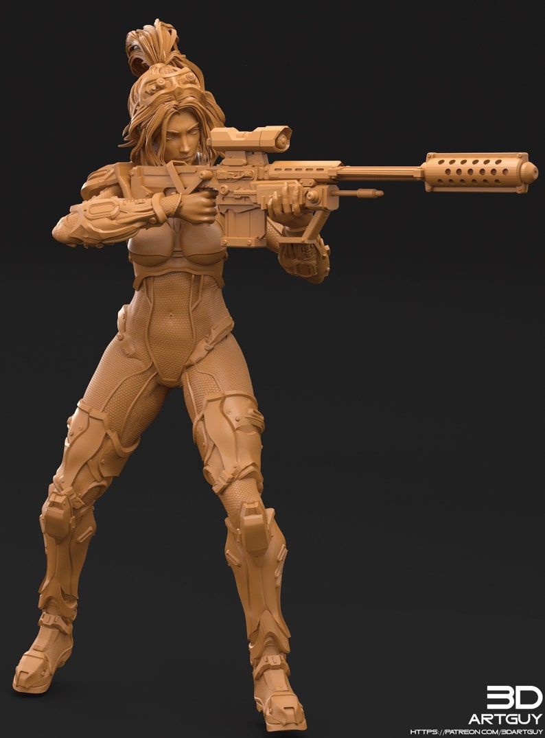 May include: A 3D printed model of a female figure in a futuristic suit, holding a large rifle with a scope. The figure is posed in a shooting stance, with one leg forward and the other back. The model is printed in a light brown color.