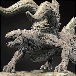 May include: A detailed, textured sculpture of a reptilian creature with large horns and sharp teeth. The creature is primarily gray and brown, with a rough, stone-like texture. The artwork is set against a dark background, highlighting the intricate details.