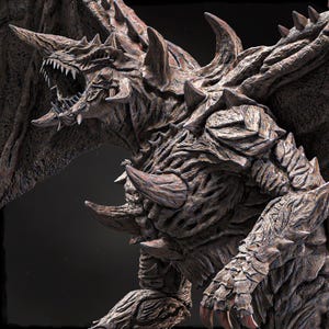 May include: A detailed, close-up view of a brown, monstrous creature with sharp teeth, horns, and textured skin. The creature has large wings and a menacing expression, showcasing intricate details and a fearsome appearance.