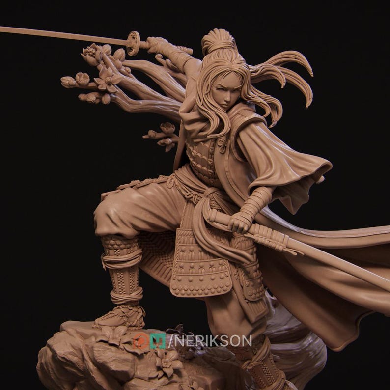 May include: A detailed sculpture of a warrior in a dynamic pose, wielding a katana. The figure is clad in traditional armor and clothing, with flowing hair and a determined expression. The sculpture is a neutral beige color and is set against a dark background.