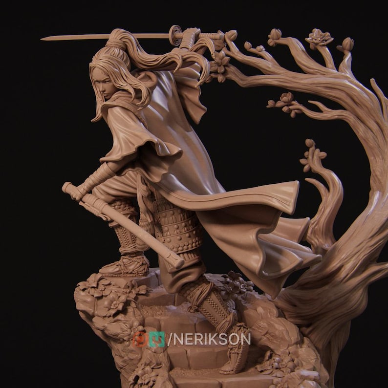 May include: A detailed sculpture of a warrior in action, holding two swords. The figure is clad in armor and a flowing cape, with long hair. The sculpture is set against a backdrop of a stylized tree with blossoms, all in a monochromatic color scheme.
