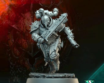 May include: A gray plastic miniature figure of a futuristic warrior with a chainsaw and a spiked helmet. The figure is standing on a gray base.