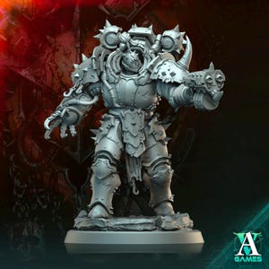 May include: A gray, detailed miniature of a heavily armored, futuristic warrior figure with a weapon in one hand and a mechanical claw in the other. The figure stands on a rocky base.