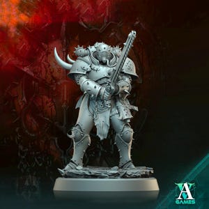 May include: A grey plastic miniature figure of a heavily armoured warrior holding a large weapon. The figure is standing on a round base. The figure is wearing a helmet with a face mask and has a large, spiked weapon in its right hand.