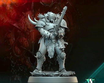 May include: A gray plastic miniature figure of a heavily armored warrior holding a large weapon. The figure is standing on a round base. The figure is wearing a helmet with a face mask and has a large, spiked weapon in its right hand.
