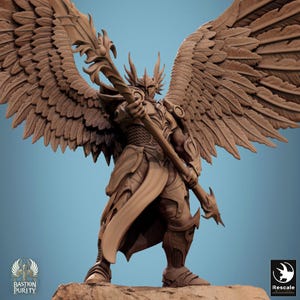 May include: A detailed, sculpted figurine of an angel warrior with large feathered wings, holding a staff with a decorative top. The figurine is made of a light brown material and is posed in a dynamic stance.
