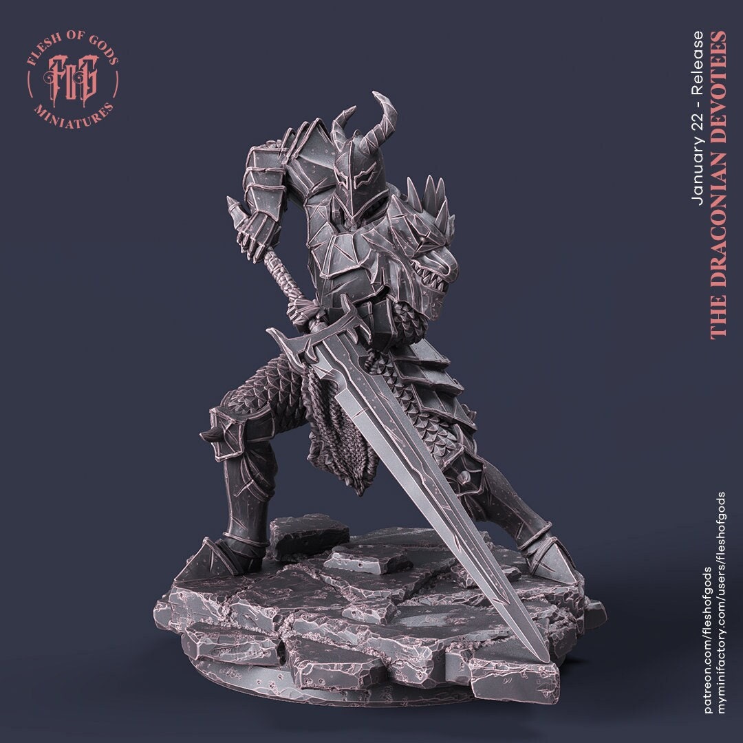 Draconian Oathbreaker Paladin Chaos Knight Unpainted Miniature | 28mm, 32mm,54mm, 75mm, 100mm Scales | D and D | Pathfinder | Flesh of Gods