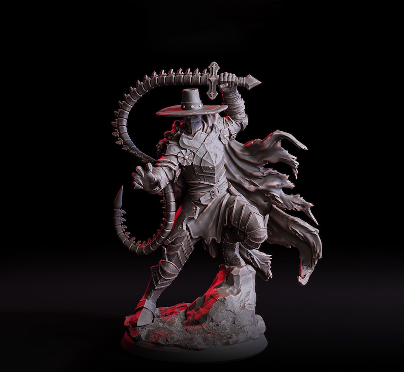 May include: A detailed figurine of a warrior in armor, wielding a sword and a spiked whip. The figure wears a hat and cape, standing on a rocky base. The sculpture is in shades of gray with red lighting, set against a black background.