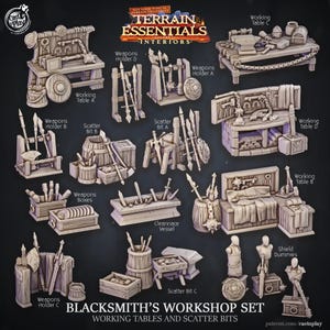 May include: A collection of miniature blacksmith workshop elements, including working tables, weapons holders, and scatter bits. The set features various tools, weapons, and decorative items, all in a neutral color palette. The text "BLACKSMITH'S WORKSHOP SET" is visible.