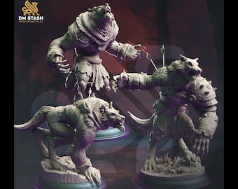 May include: Three detailed miniature figures of werewolves in various poses. The figures are painted in a grey color and are standing on circular bases.